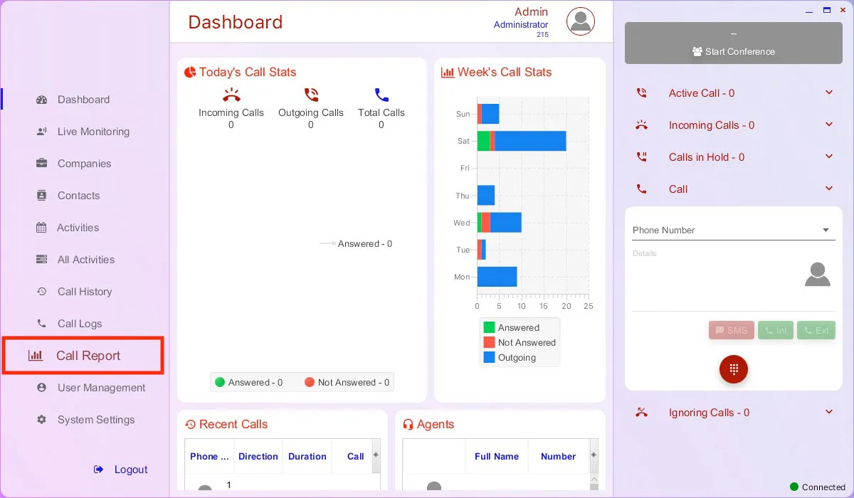 Call center desktop app screenshot showing the dashboard reports