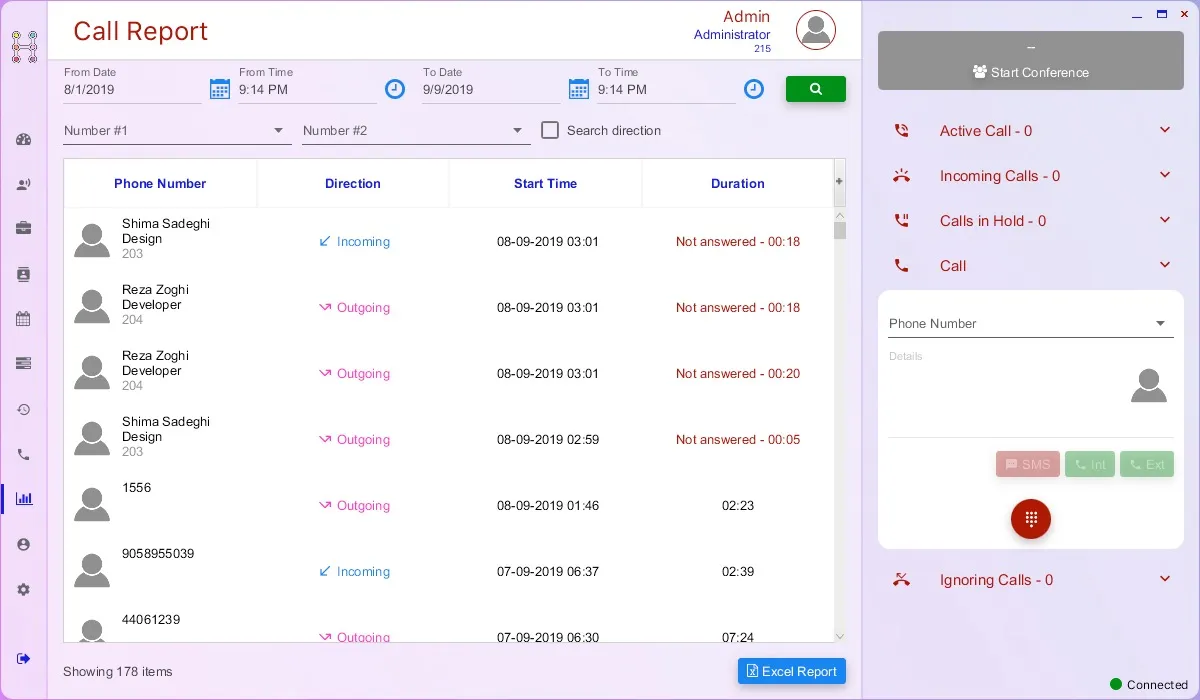 Call center desktop app screenshot showing the call report