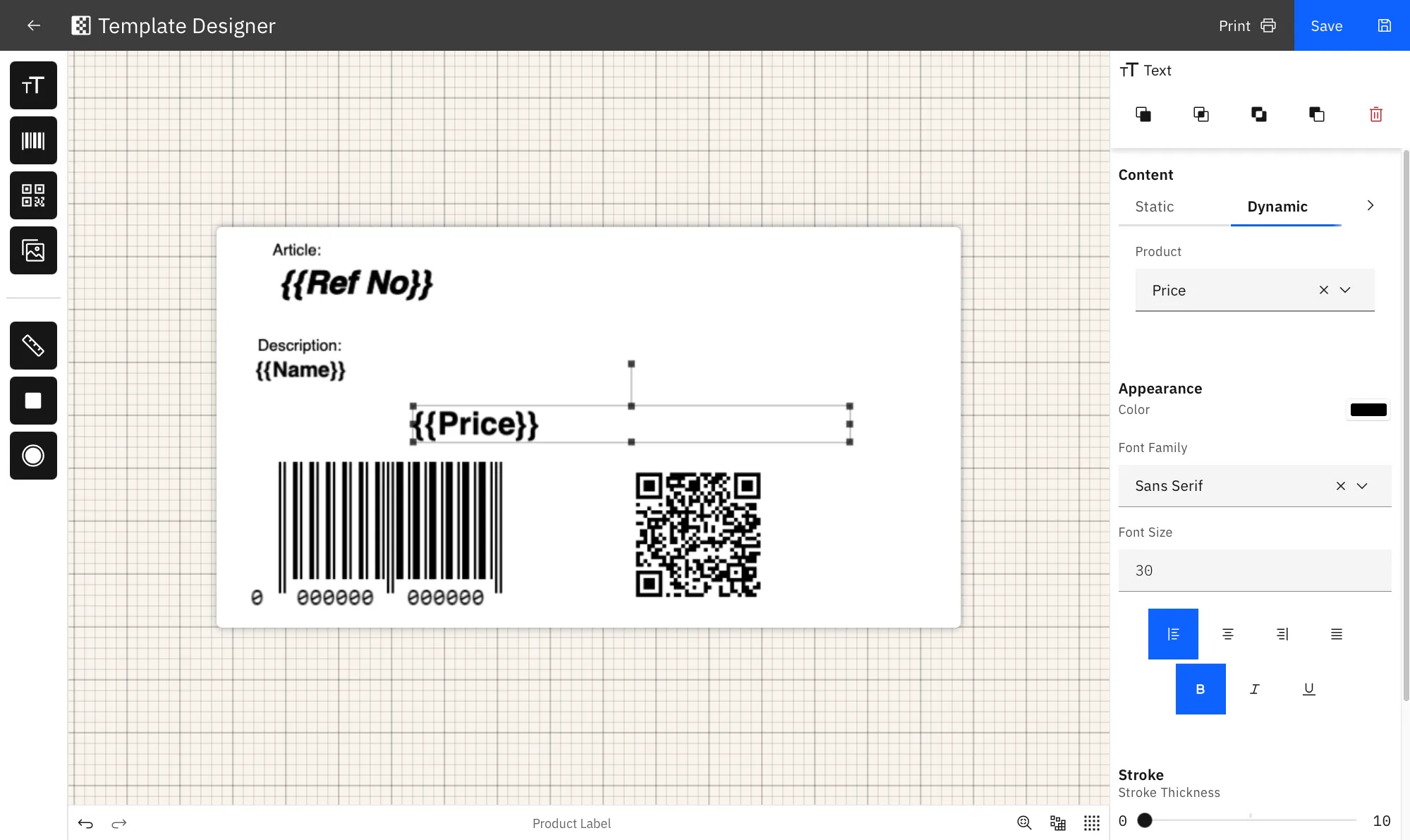 Screenshot of the template designer from the ERP