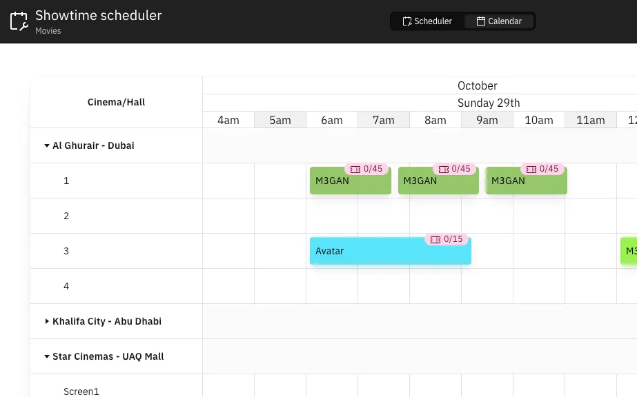 Screenshot of the cinema showtime scheduler from the ERP