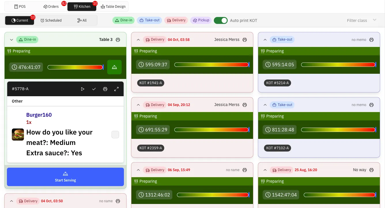 Screenshot of the kitchen order management page from the ERP