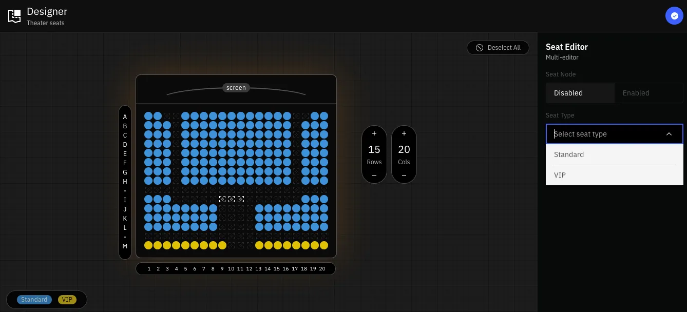 Screenshot of the theater seat designer the ERP