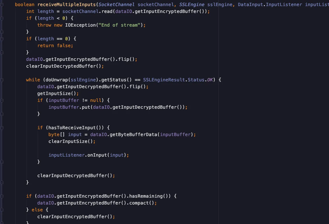 Screenshot of data stream Java code for sockets with TLS
