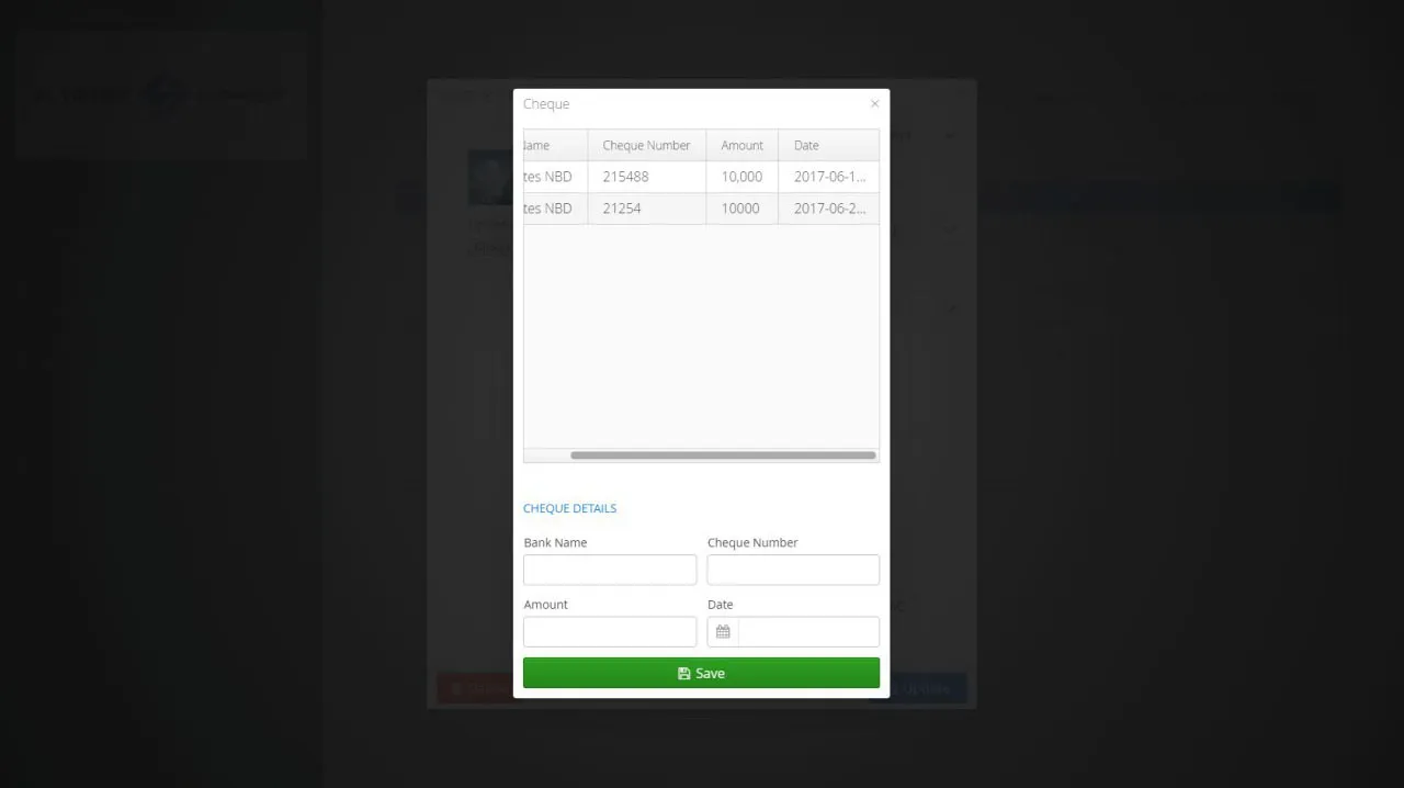 Screenshot of the cheque entries in the backend web app showing