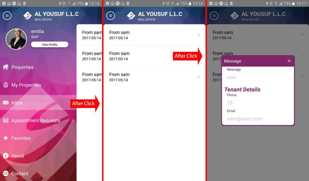 Screenshot of the mobile app showing the staff messaging system