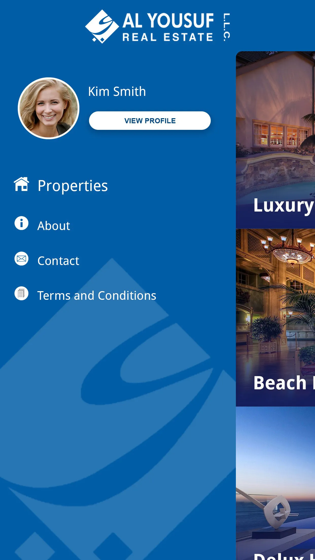 Screenshot of the mobile app menu and property list